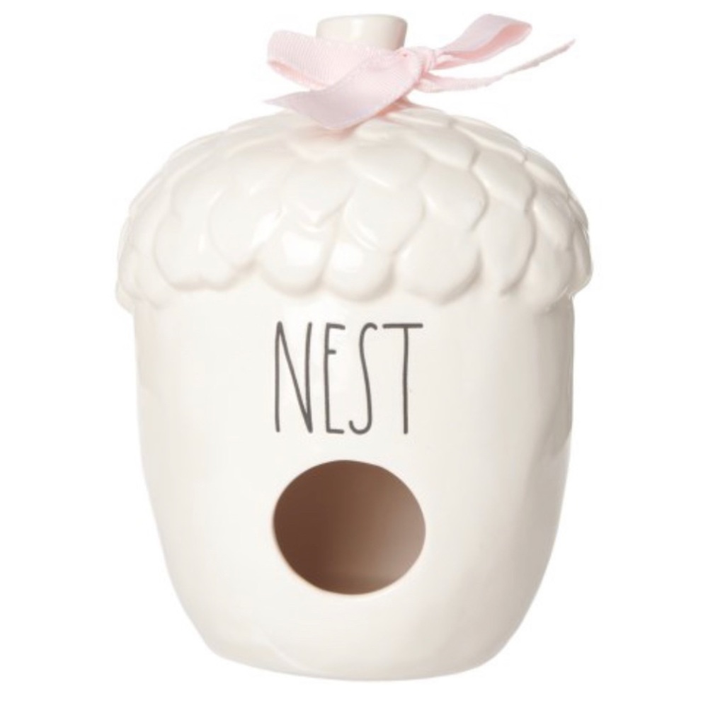 NIB - Rae Dunn NEST Acorn Birdhouse-white with pink bow